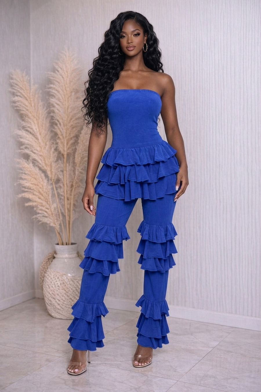 WASHED LAYERED PANTS TUBE JUMPSUIT