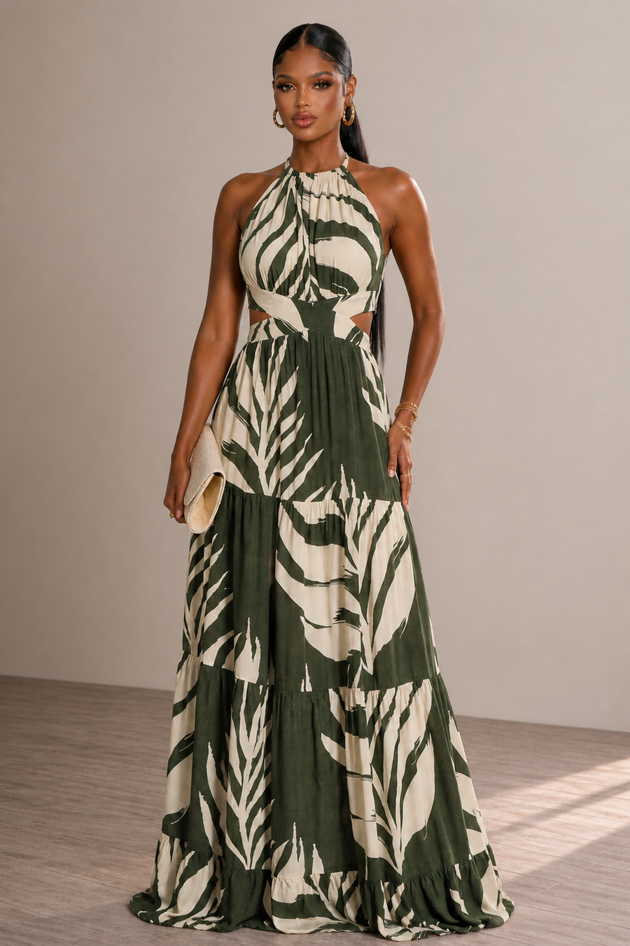 LEAF PRINT SIDE CUT OUT DRESS