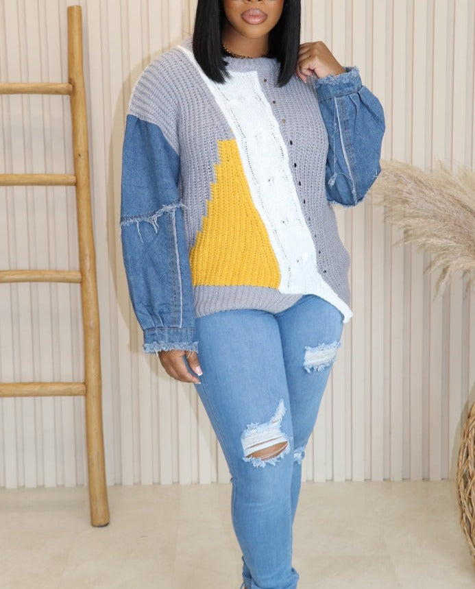 Denim Sleeve Knit Sweater(ONE SIZE)