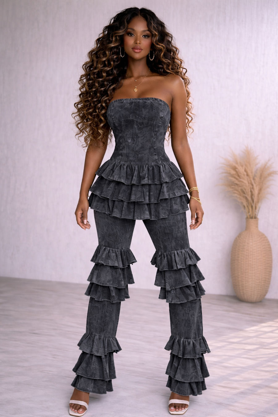 WASHED LAYERED PANTS TUBE JUMPSUIT