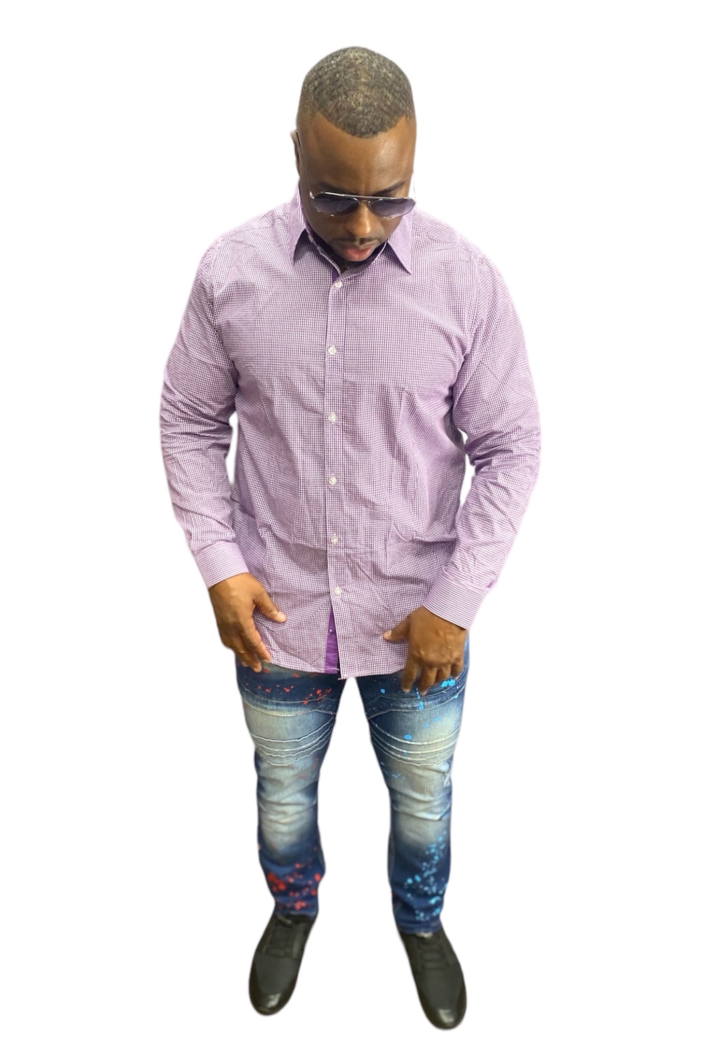 Men’s long sleeve button up(purple/white)