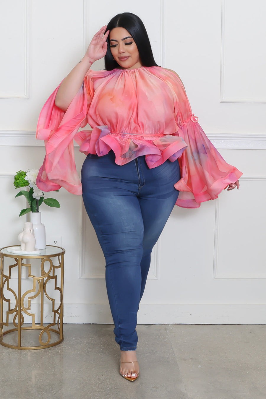 PRINTED OPEN SHOULDER PEPLUM