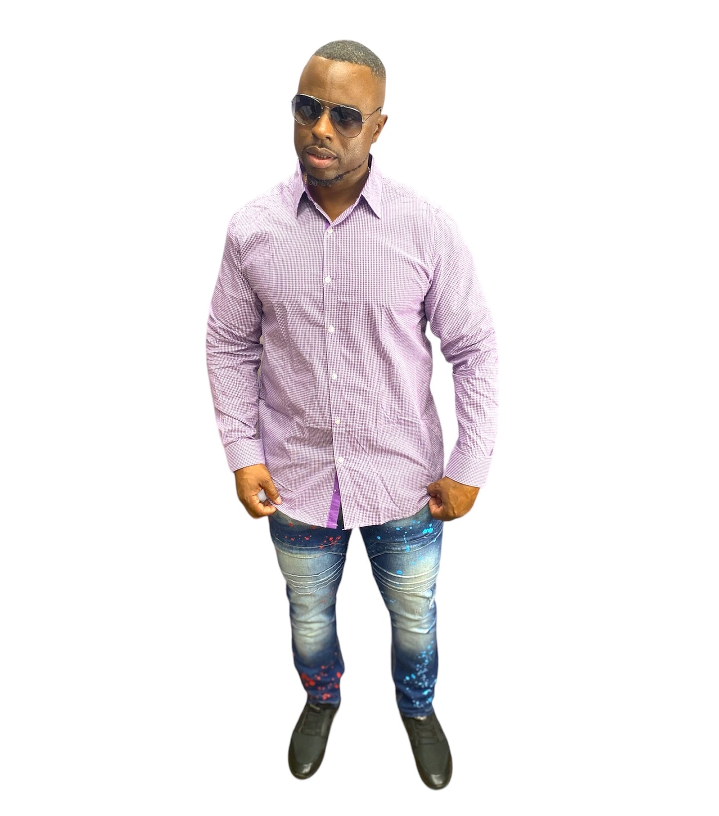 Men’s long sleeve button up(purple/white)