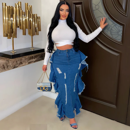Height waist denim fringe skirt