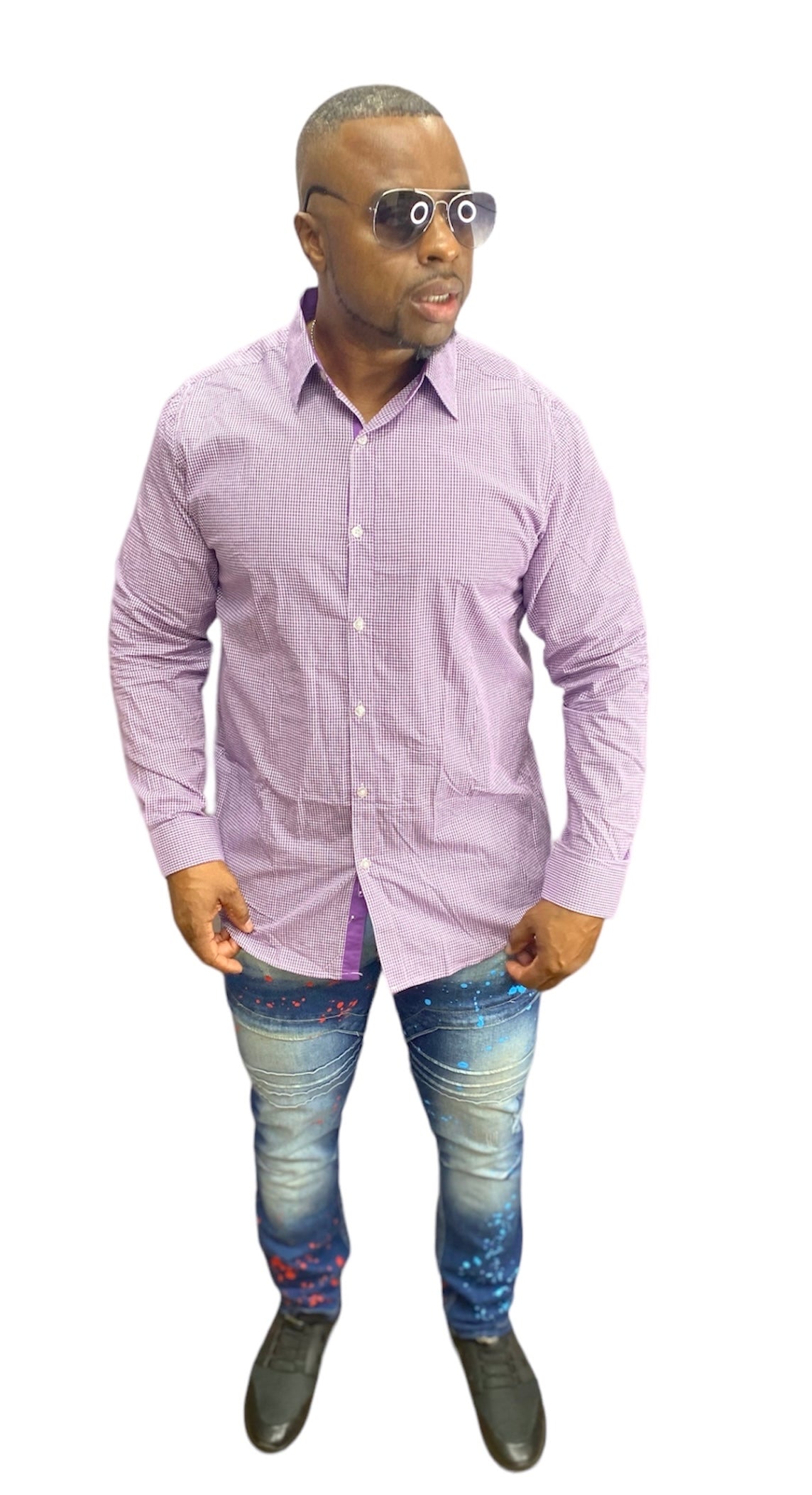 Men’s long sleeve button up(purple/white)