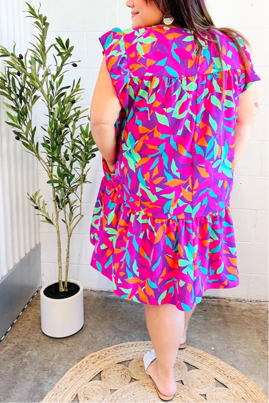 You Got This Purple Abstract Floral Print Tiered Ruffle Sleeve Dress