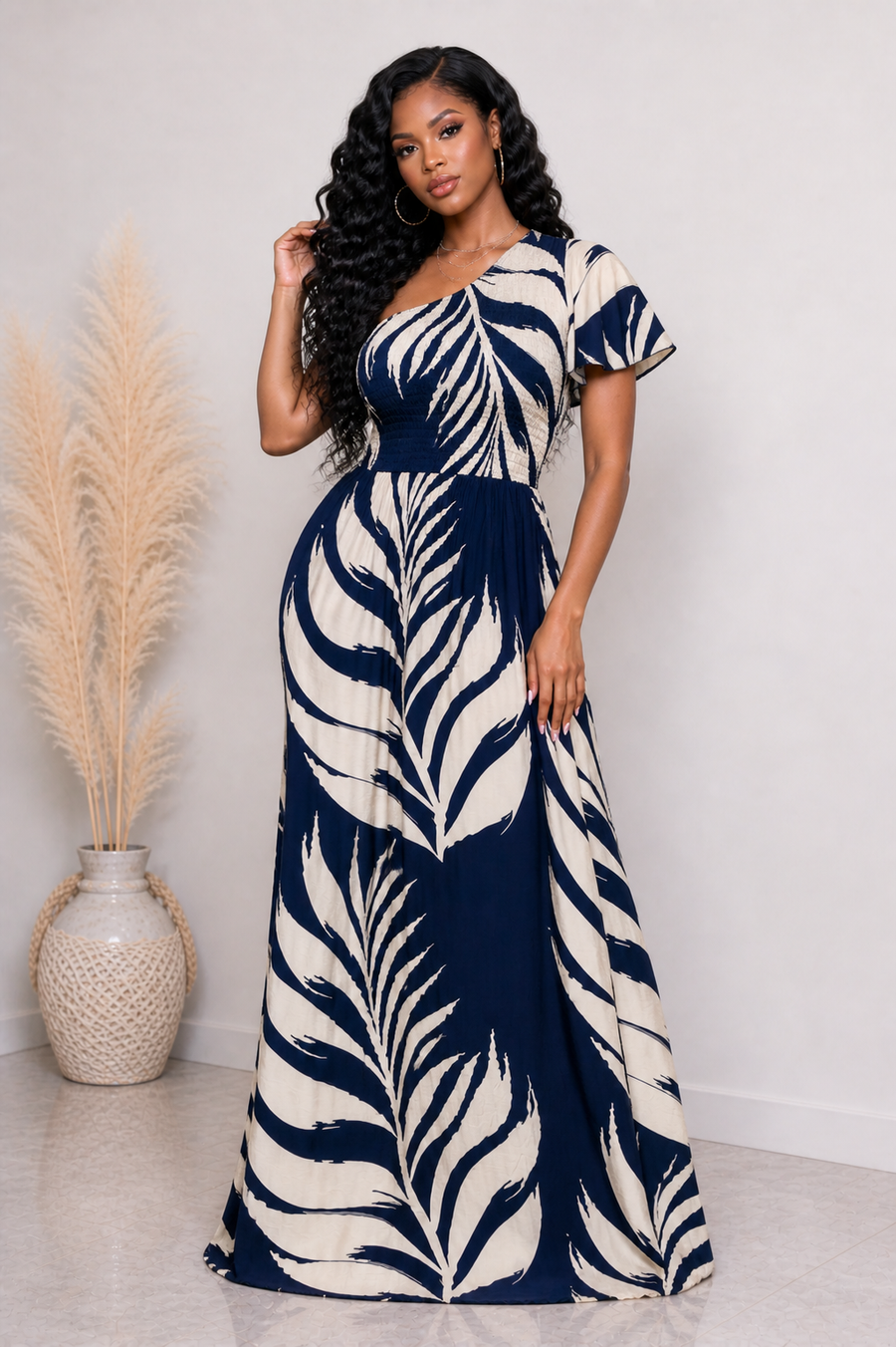 PRINT ONE SHOULDER MAXI DRESS