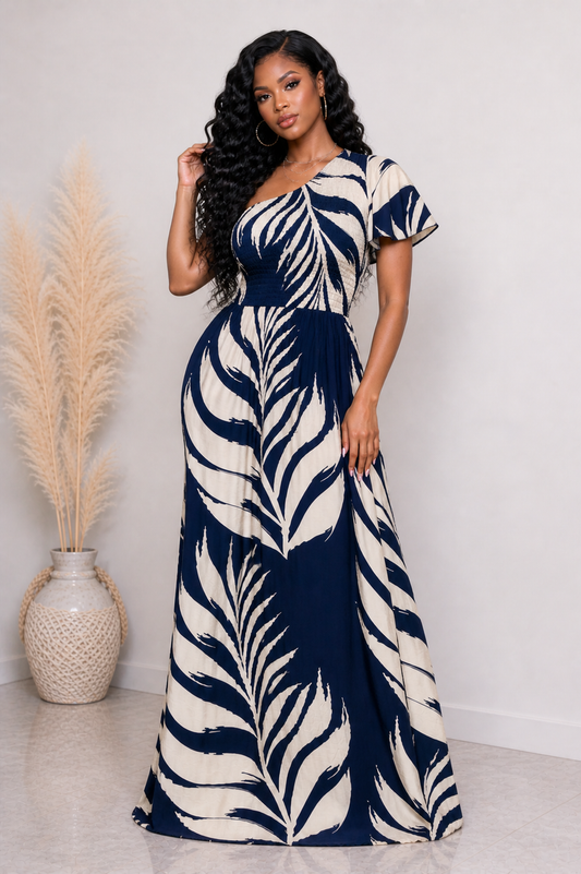 PRINT ONE SHOULDER MAXI DRESS